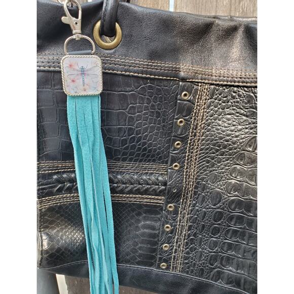 Handmade dragonfly lover Leather Fringe Western bag charm, Long fringe keychain - Picture 3 of 4
